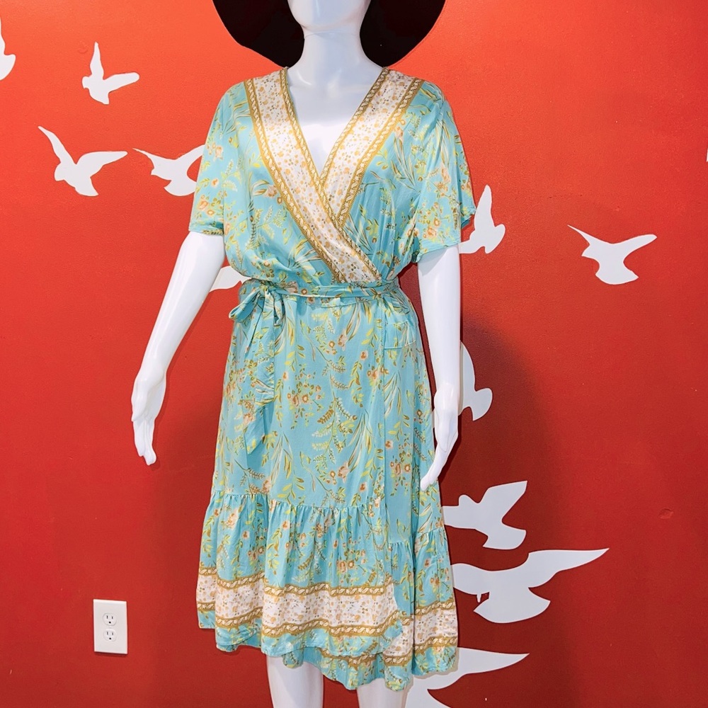 Robins Egg Green Boho Wrap Dress